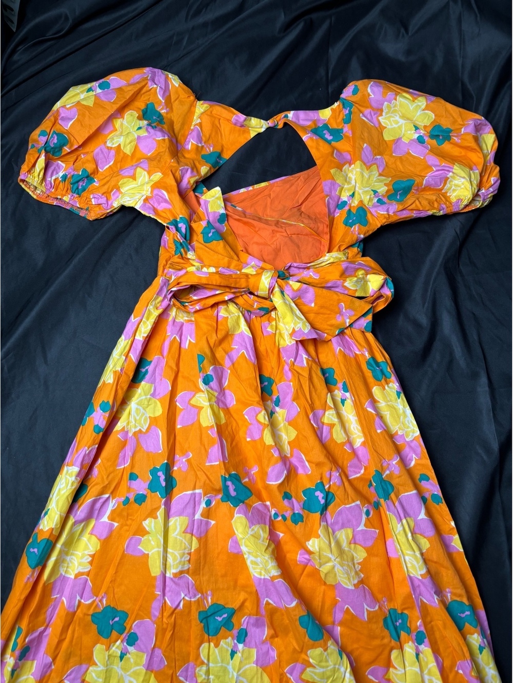 Lena Women's Knee-Length Puff Sleeve Dress in Orange Floral - Picture 7 of 10